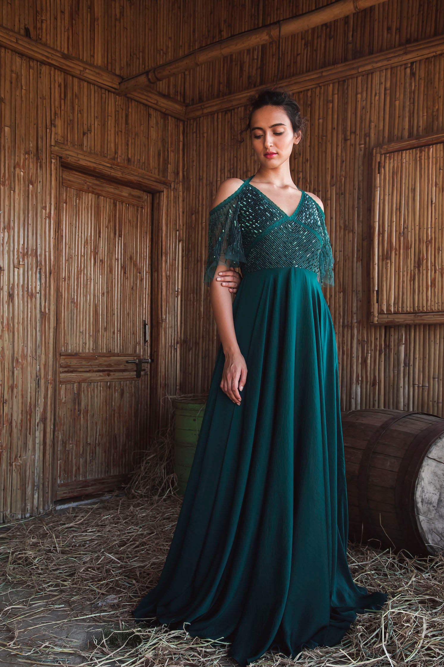 Buy Classy Bottle Green Gown Online @Mohey - Indo Western for Women